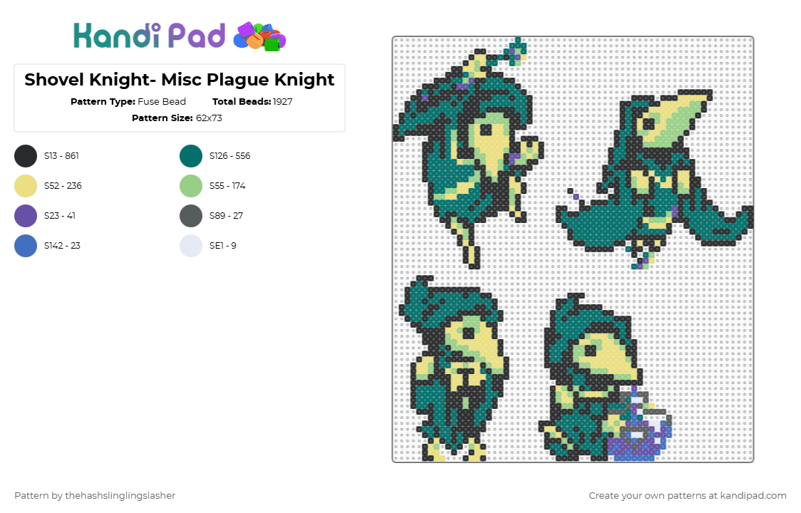 Shovel Knight- Misc Plague Knight - Fuse Bead Pattern by thehashslinglingslasher on Kandi Pad - black,teal,yellow,plague knight,shovel knight