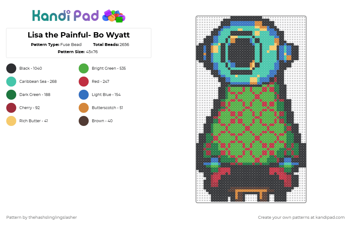 Lisa the Painful- Bo Wyatt - Fuse Bead Pattern by thehashslinglingslasher on Kandi Pad - red,green,teal