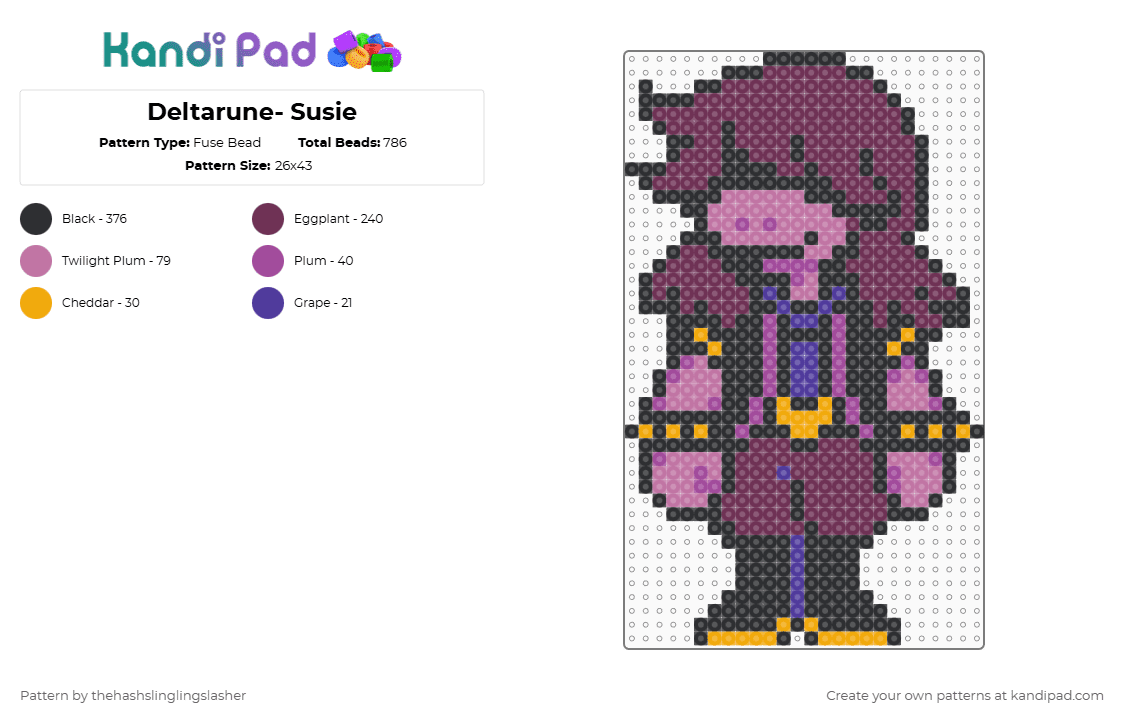 Deltarune- Susie - Fuse Bead Pattern by thehashslinglingslasher on Kandi Pad - pink