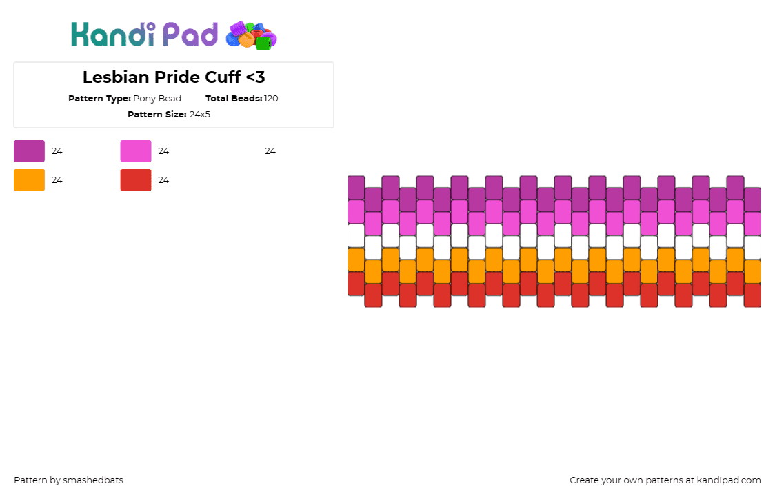 Lesbian Pride Cuff <3 - Pony Bead Pattern by smashedbats on Kandi Pad - lesbian,pride,stripes,cuff