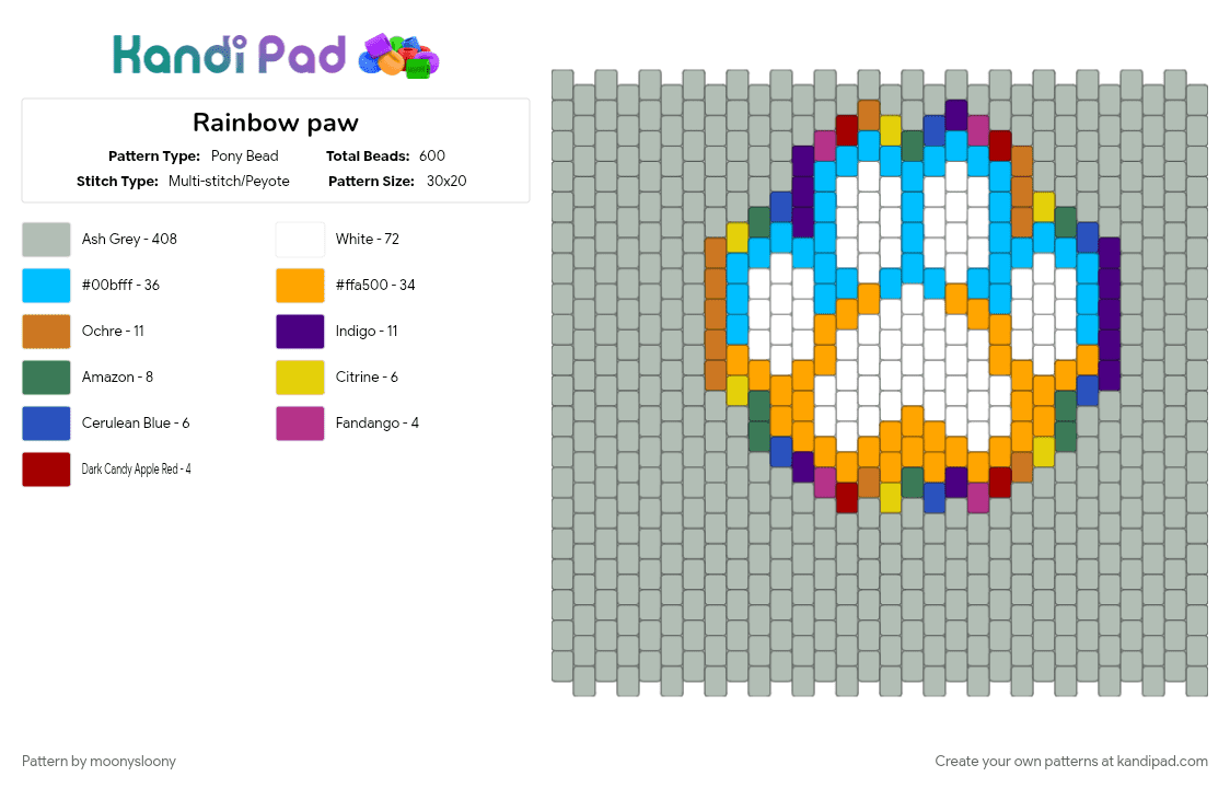 Rainbow paw - Pony Bead Pattern by moonysloony on Kandi Pad - black, colorful, orange, purple