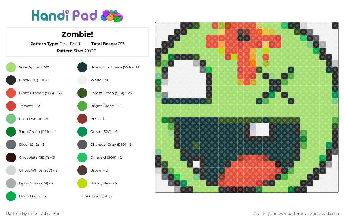 Zombie! - Fuse Bead Pattern by unbelivable_kai on Kandi Pad - 