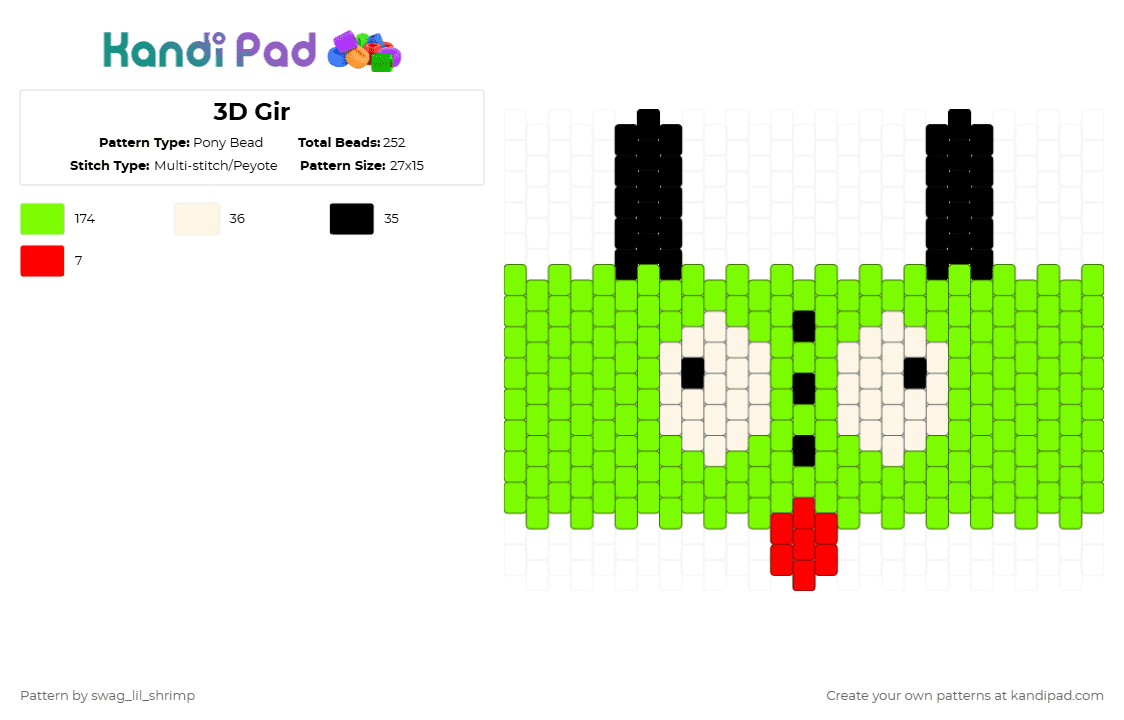 3D Gir - Pony Bead Pattern by swag_lil_shrimp on Kandi Pad - green,gir,invader zim
