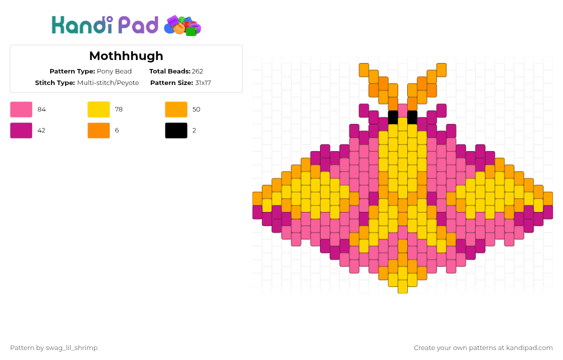 Rosy Maple Moth - Pony Bead Pattern by swag_lil_shrimp on Kandi Pad - pink,moth,rosy maple