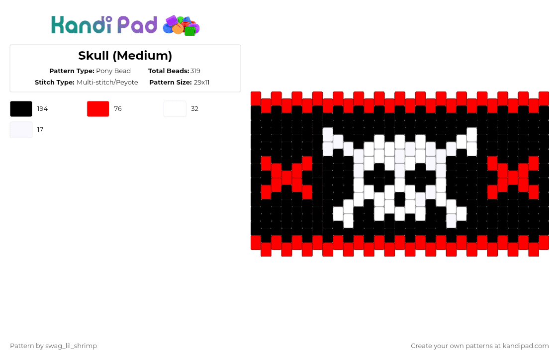 Skull (Medium) - Pony Bead Pattern by swag_lil_shrimp on Kandi Pad - white,red