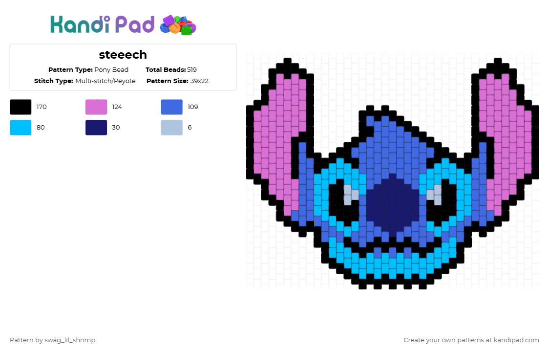 Stitch - Pony Bead Pattern by swag_lil_shrimp on Kandi Pad - pink,blue,light blue