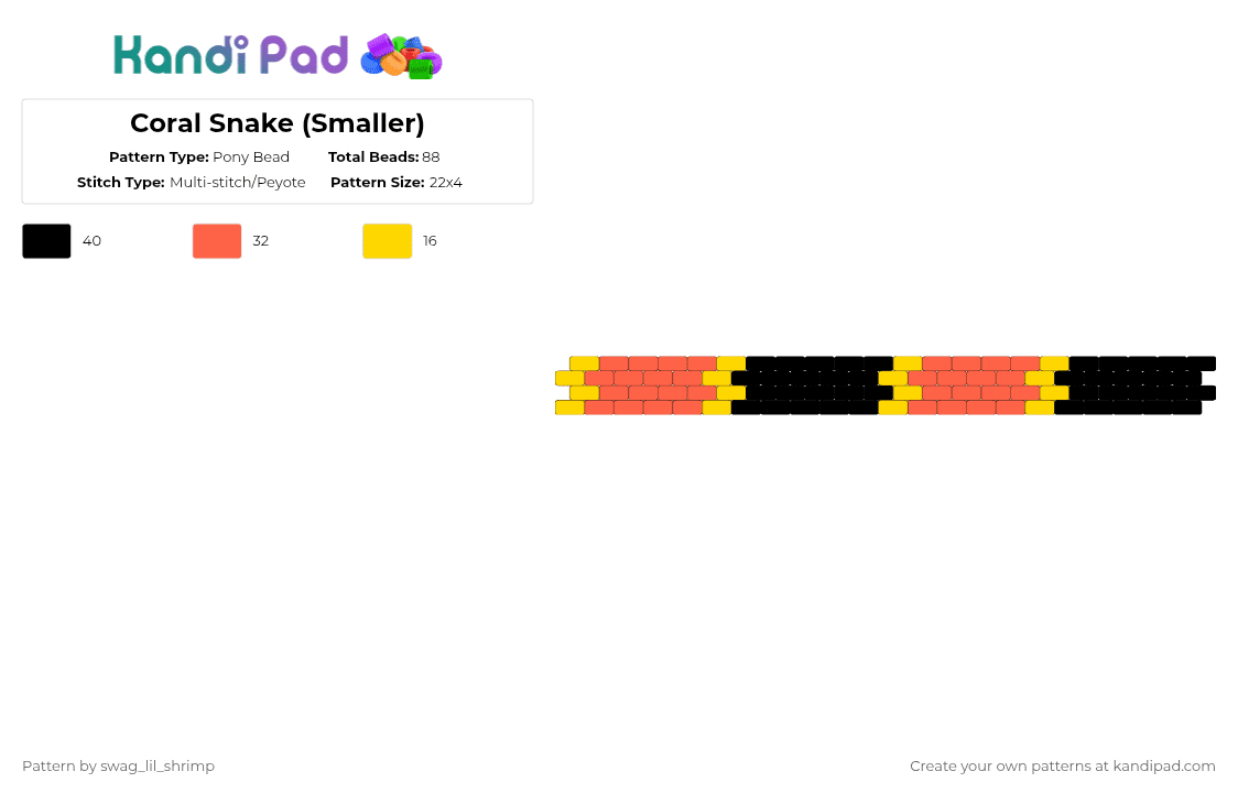 Coral Snake - Pony Bead Pattern by swag_lil_shrimp on Kandi Pad - red,yellow