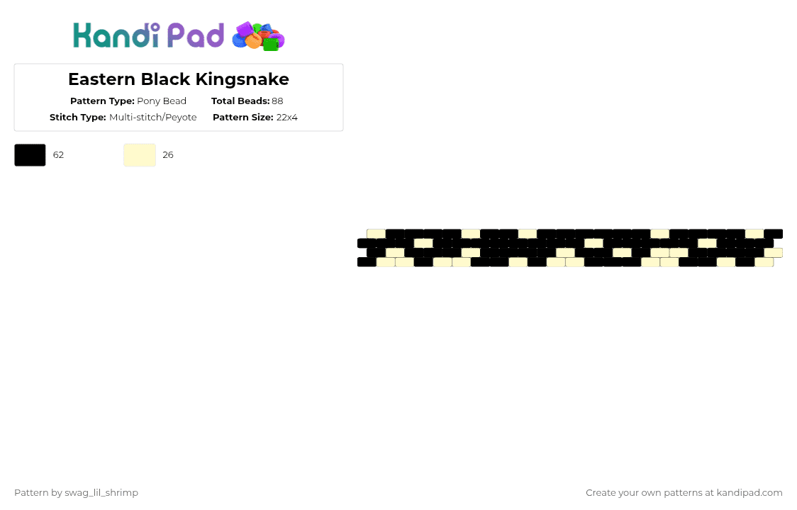 Eastern Black Kingsnake - Pony Bead Pattern by swag_lil_shrimp on Kandi Pad - black,yellow,eastern black kingsnake,snake,snakeskin,black kingsnake