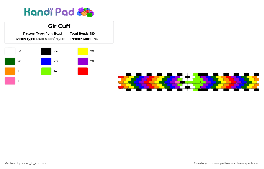 Gir Cuff - Pony Bead Pattern by swag_lil_shrimp on Kandi Pad - yellow,green,purple,gir,invader zim,rainbow
