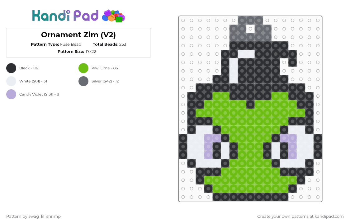 Ornament Zim (V2) - Fuse Bead Pattern by swag_lil_shrimp on Kandi Pad - green