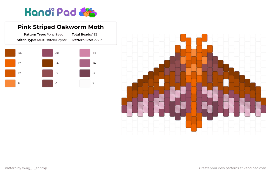 Pink Striped Oakworm Moth - Pony Bead Pattern by swag_lil_shrimp on Kandi Pad - pink,red