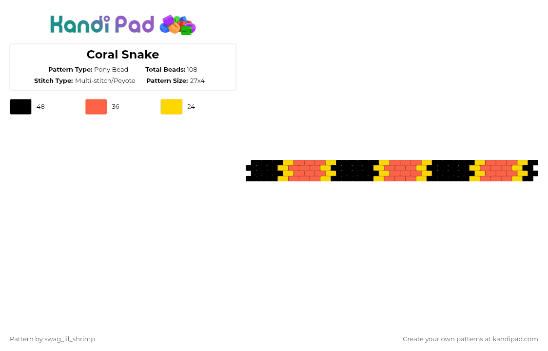 Coral Snake (Bigger) - Pony Bead Pattern by swag_lil_shrimp on Kandi Pad - yellow,red