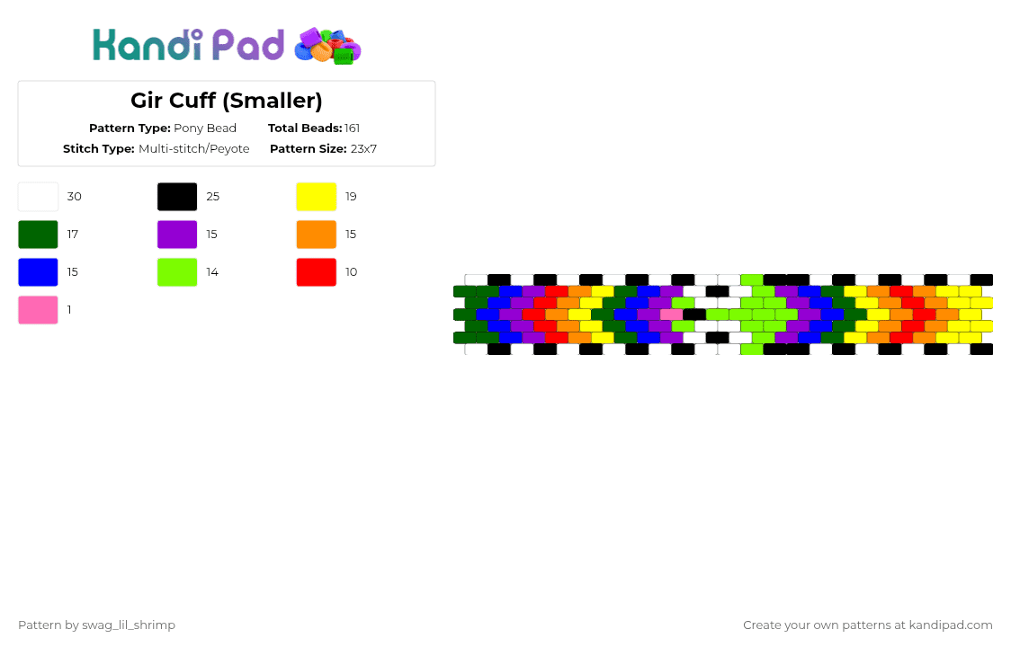 Gir Cuff (Smaller) - Pony Bead Pattern by swag_lil_shrimp on Kandi Pad - purple,yellow,green