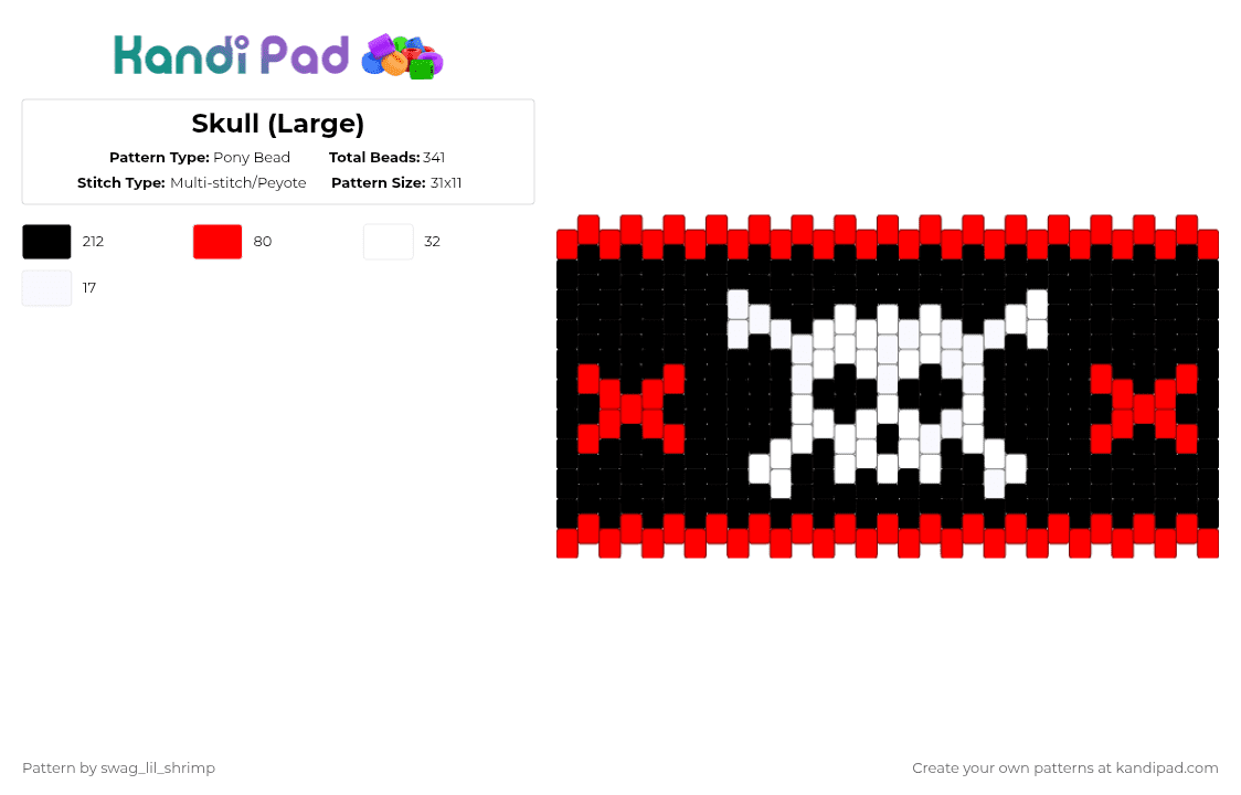 Skull (Large) - Pony Bead Pattern by swag_lil_shrimp on Kandi Pad - white,red