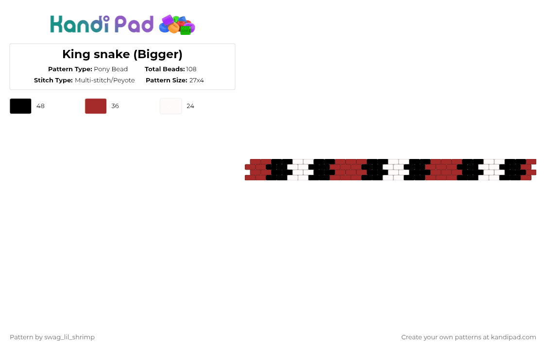 King snake (Bigger) - Pony Bead Pattern by swag_lil_shrimp on Kandi Pad - white,red