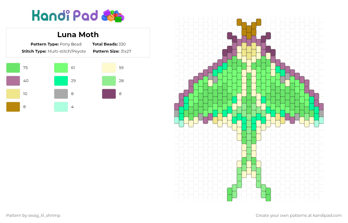 Luna Moth - Pony Bead Pattern by swag_lil_shrimp on Kandi Pad - teal,yellow,luna moth