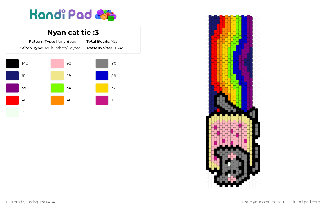 Nyan cat tie :3 - Pony Bead Pattern by lordsqueak404 on Kandi Pad - yellow,pink,gray,purple