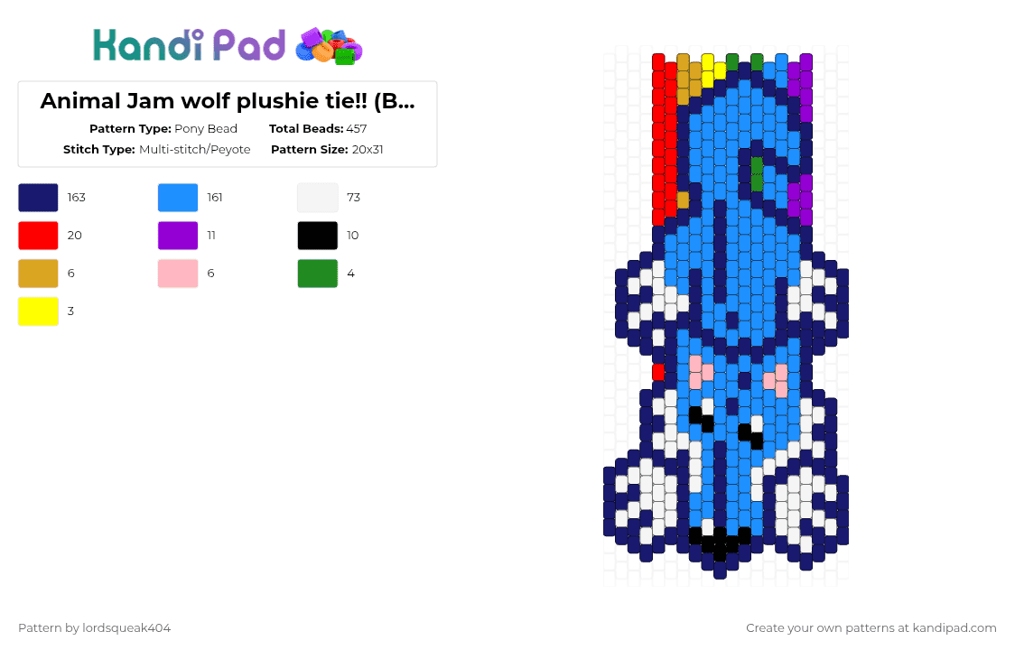 Animal Jam wolf plushie tie!! (Blue) - Pony Bead Pattern by lordsqueak404 on Kandi Pad - light blue,purple