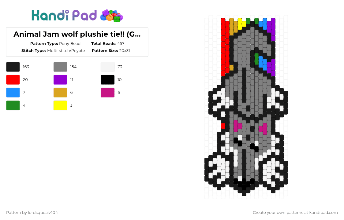 Animal Jam wolf plushie tie!! (Grey) - Pony Bead Pattern by lordsqueak404 on Kandi Pad - gray
