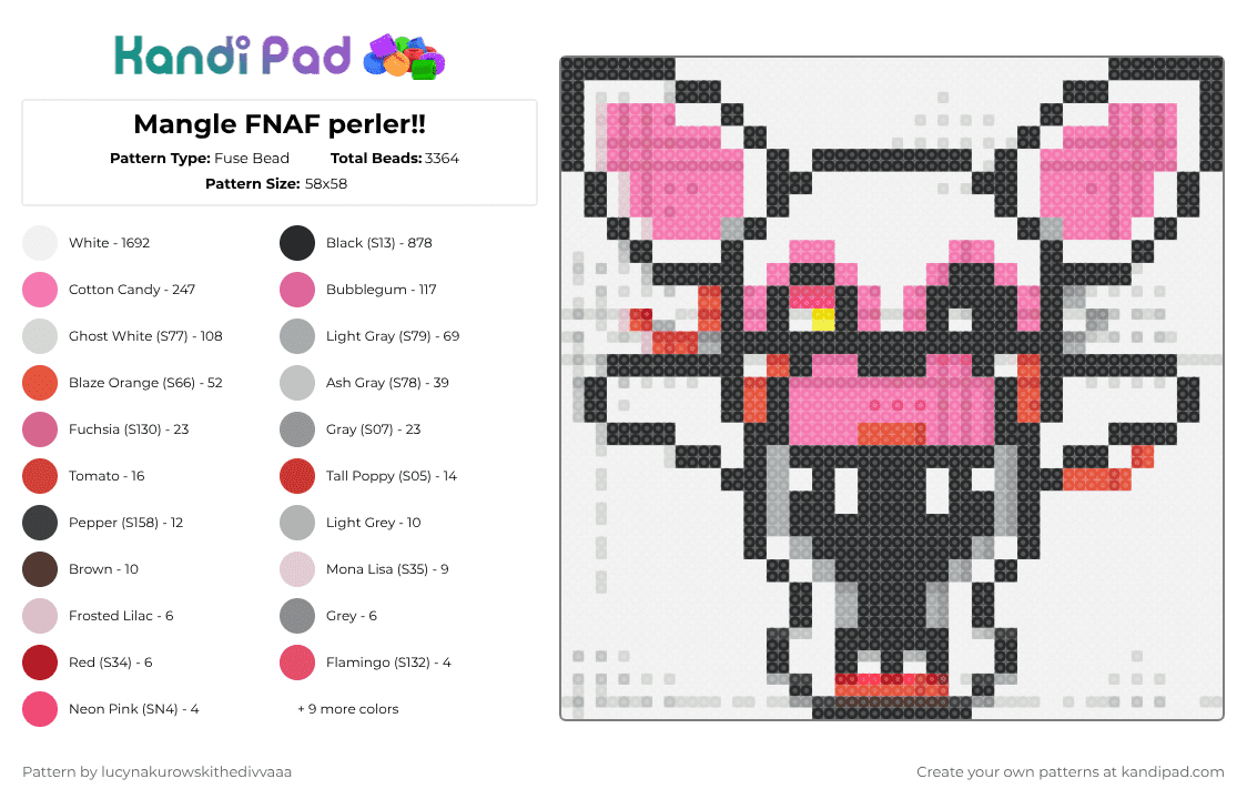 Mangle FNAF perler charm!! - Fuse Bead Pattern by ichbinlucyna on Kandi Pad - white,pink,gray