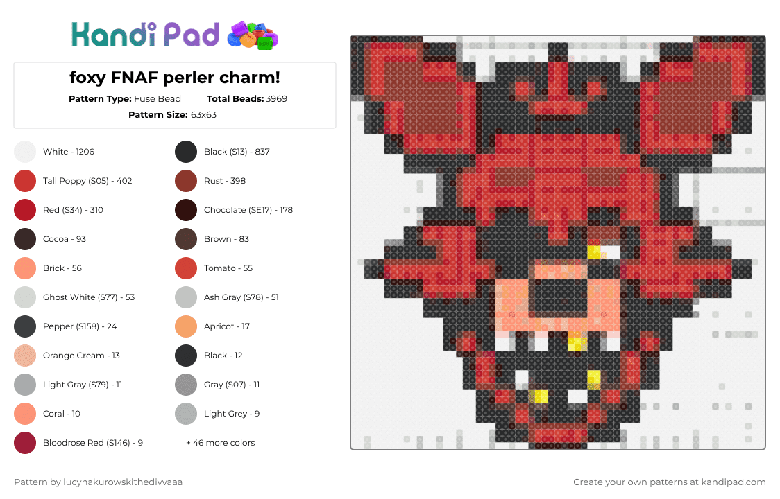 foxy FNAF perler charm! - Fuse Bead Pattern by ichbinlyle on Kandi Pad - white,brown,red