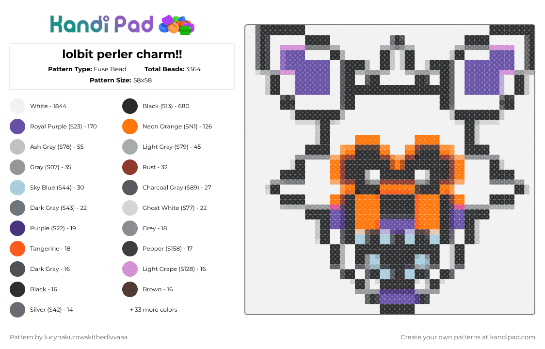 lolbit perler charm!! - Fuse Bead Pattern by ichbinlyle on Kandi Pad - white,gray,purple,orange
