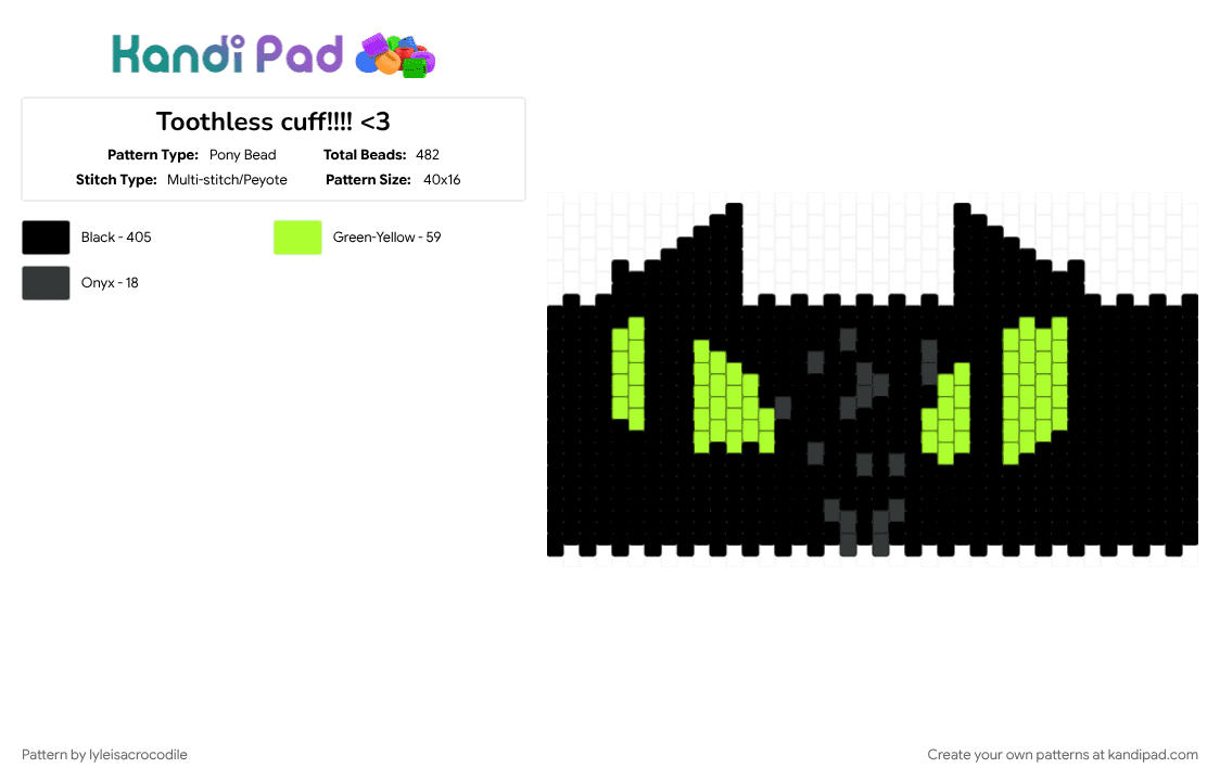 Toothless cuff!!!! - Pony Bead Pattern by lyleisacrocodile on Kandi Pad - black