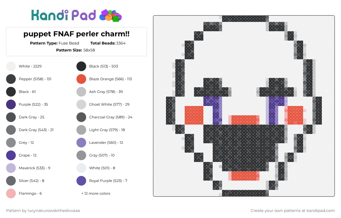 puppet FNAF perler charm!! - Fuse Bead Pattern by ichbinlyle on Kandi Pad - white,gray,red