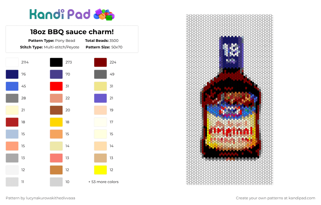 18oz BBQ sauce charm! - Pony Bead Pattern by ichbinlucyna on Kandi Pad - white,purple,blue,red,beige,yellow,colorful