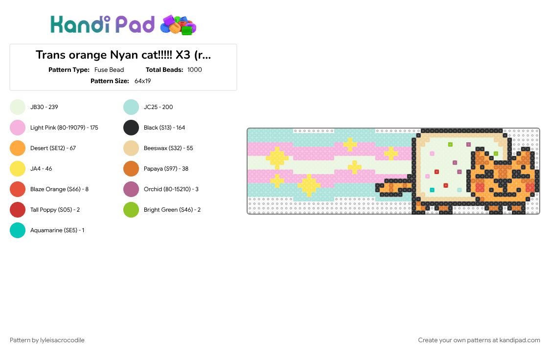 Trans orange Nyan cat!!!!! X3 (remix) - Fuse Bead Pattern by lyleisacrocodile on Kandi Pad - light blue, orange, pink
