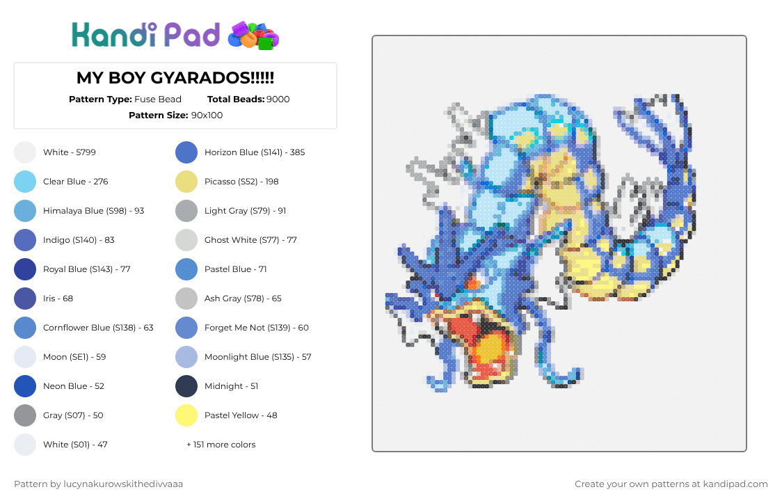 MY BOY GYARADOS!!!!! - Fuse Bead Pattern by ichbinlucyna on Kandi Pad - white,light blue,blue,purple,yellow,colorful