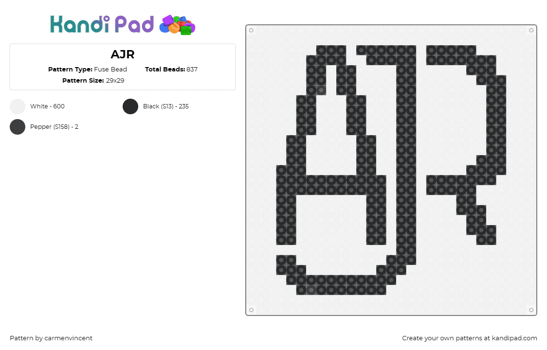 AJR - Fuse Bead Pattern by carmenvincent on Kandi Pad - ajr,music,band,pop,distinctive logo,precision,sleek monochrome palette,rhythm,cr