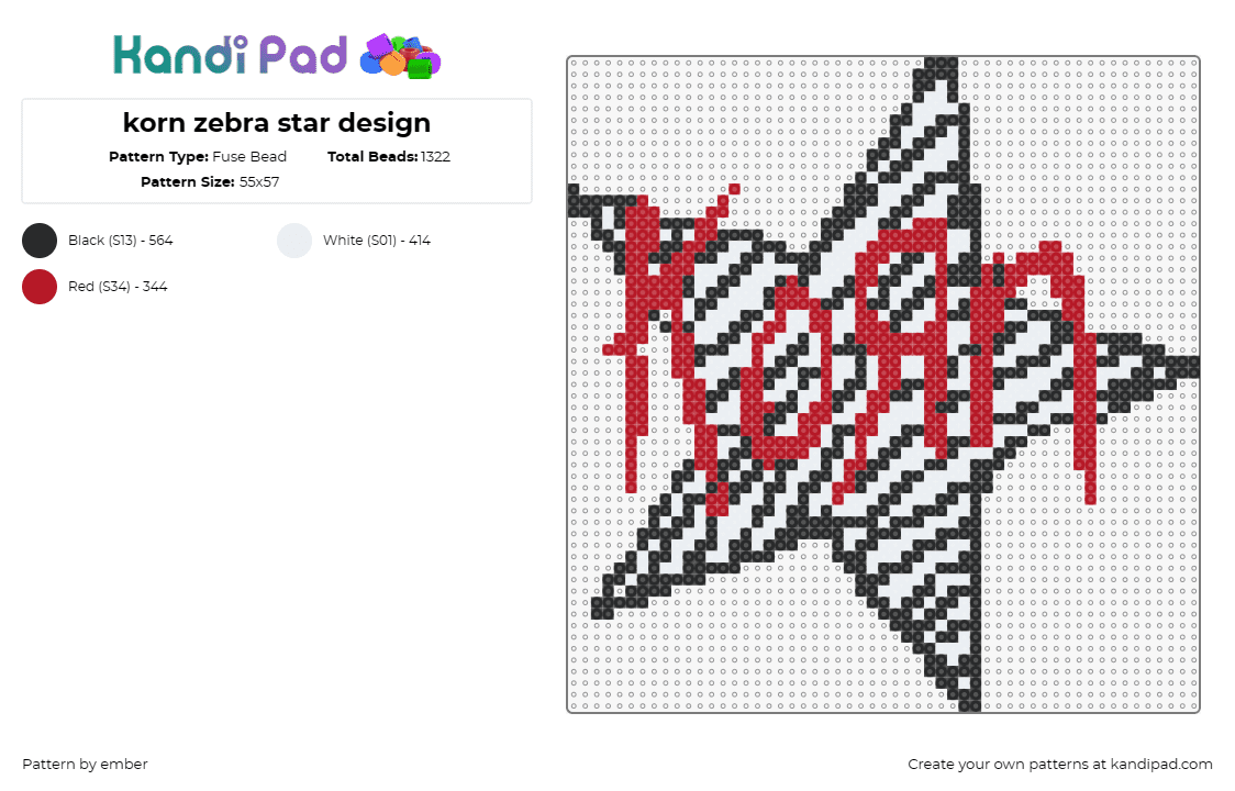 korn zebra star design - Fuse Bead Pattern by ember on Kandi Pad - korn,music,band,metal,star,zebra stripes,red logo,black and white contrast