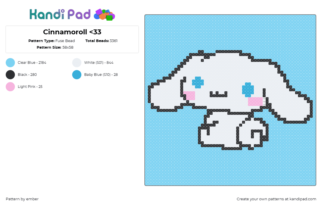 Cinnamoroll <33 - Fuse Bead Pattern by ember on Kandi Pad - cinnamoroll,sanrio,kawaii,white character,blue eyes,cute,plush,sky blue backgrou