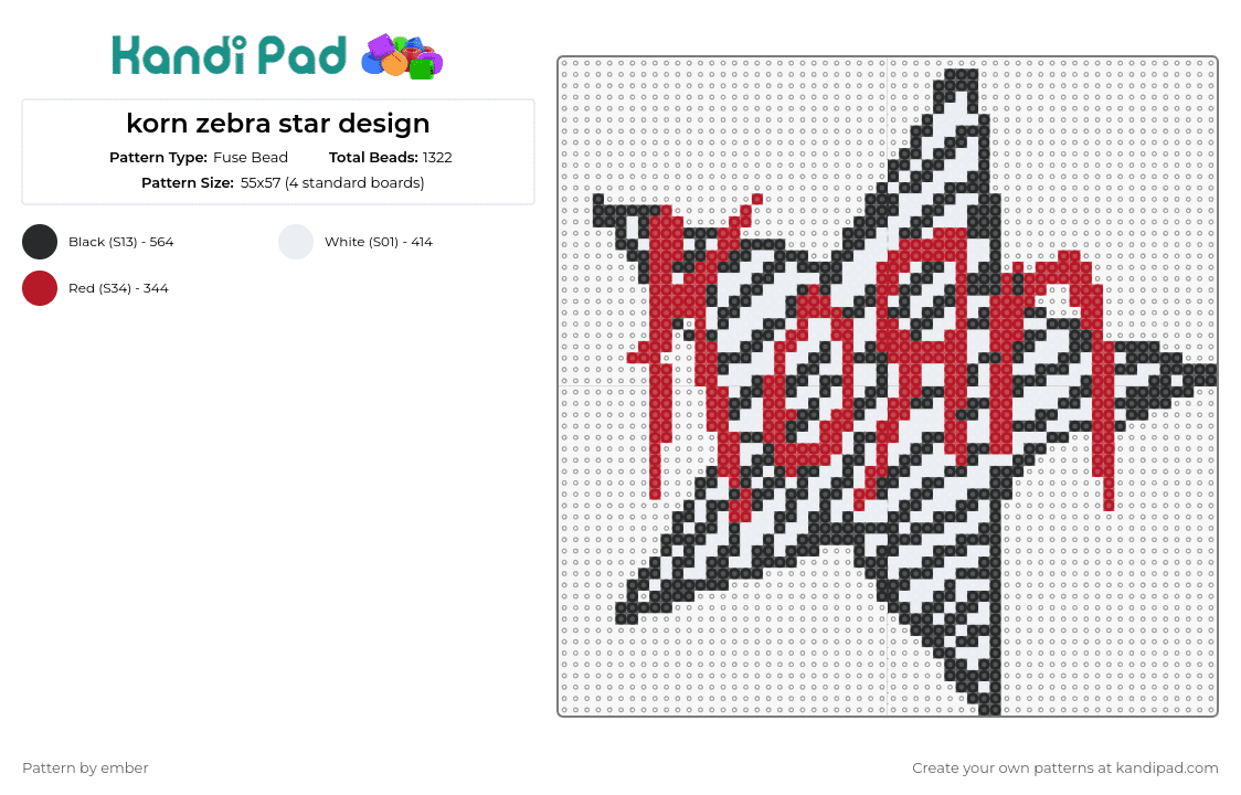korn zebra star design - Fuse Bead Pattern by ember on Kandi Pad - korn,music,band,metal,star,zebra stripes,red logo,black and white contrast