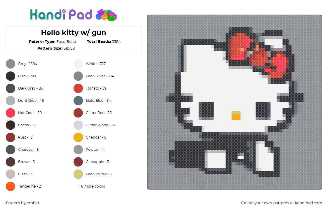 Hello kitty w/ gun - Fuse Bead Pattern by ember on Kandi Pad - hello kitty,sanrio,gun,cute,bold,red bow,white character,gray background,unique 