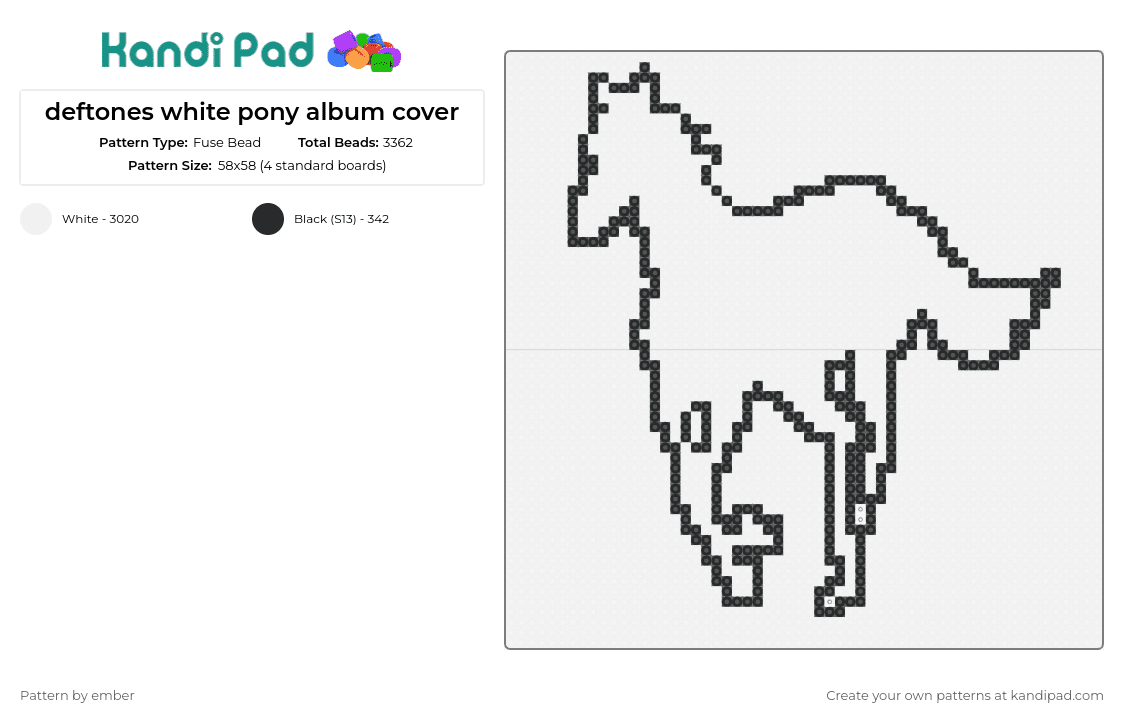 deftones white pony album cover - Fuse Bead Pattern by ember on Kandi Pad - deftones,music,band,horse,album,white pony,minimalist,cover art,iconic,collector's item