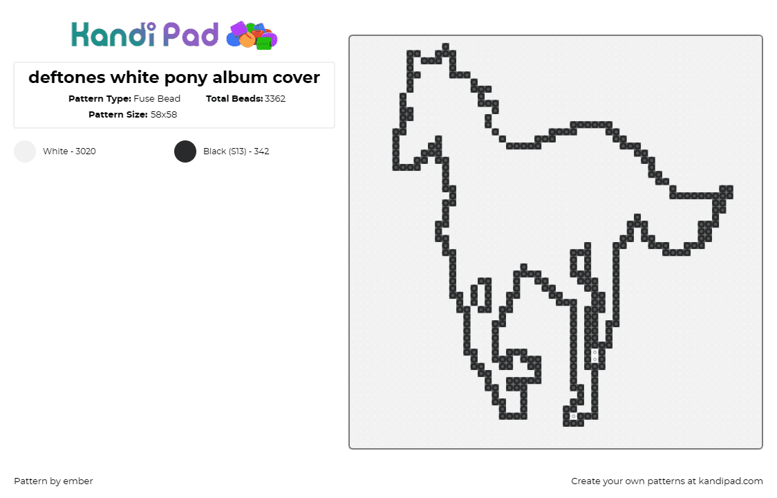 deftones white pony album cover - Fuse Bead Pattern by ember on Kandi Pad - deftones,music,band,horse,album,white pony,minimalist,cover art,collector's item