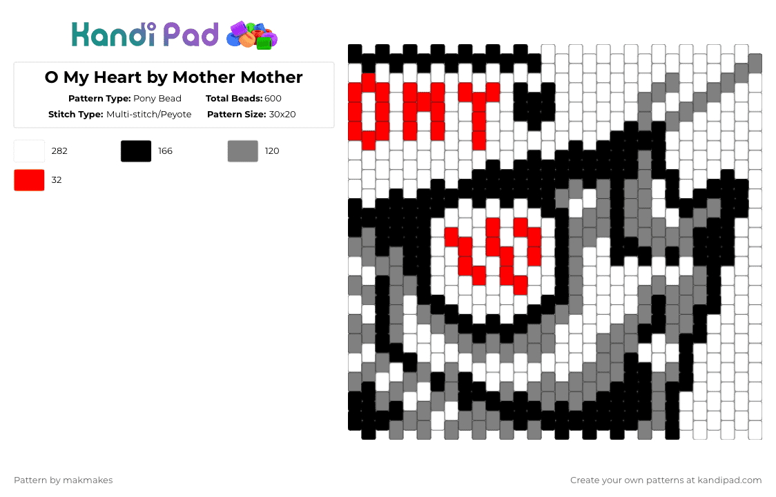 O My Heart by Mother Mother - Pony Bead Pattern by makmakes on Kandi Pad - white,gray,music,album,panel