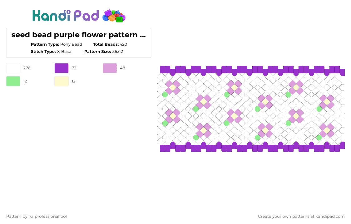 seed bead purple flower pattern x base - Pony Bead Pattern by ru_professionalfool on Kandi Pad - white,pink,purple,seed bead,flowers