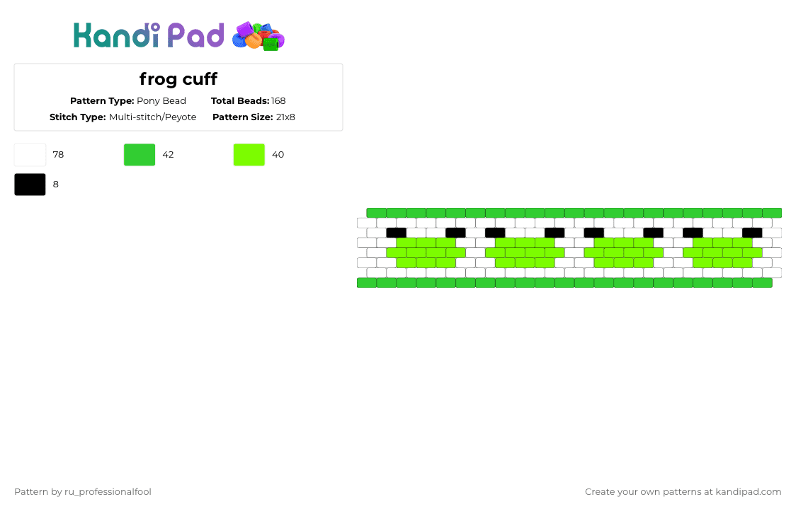 frog cuff - Pony Bead Pattern by ru_professionalfool on Kandi Pad - green,white,frog