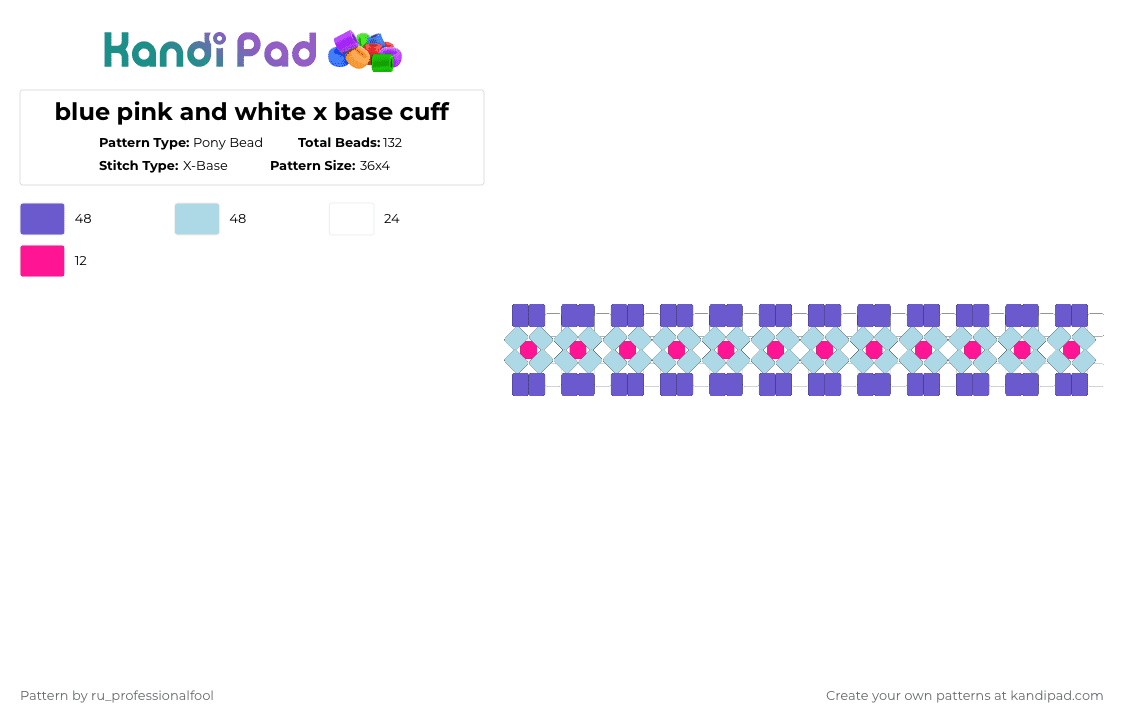 blue pink and white x base cuff - Pony Bead Pattern by ru_professionalfool on Kandi Pad - blue,light blue,pink,white
