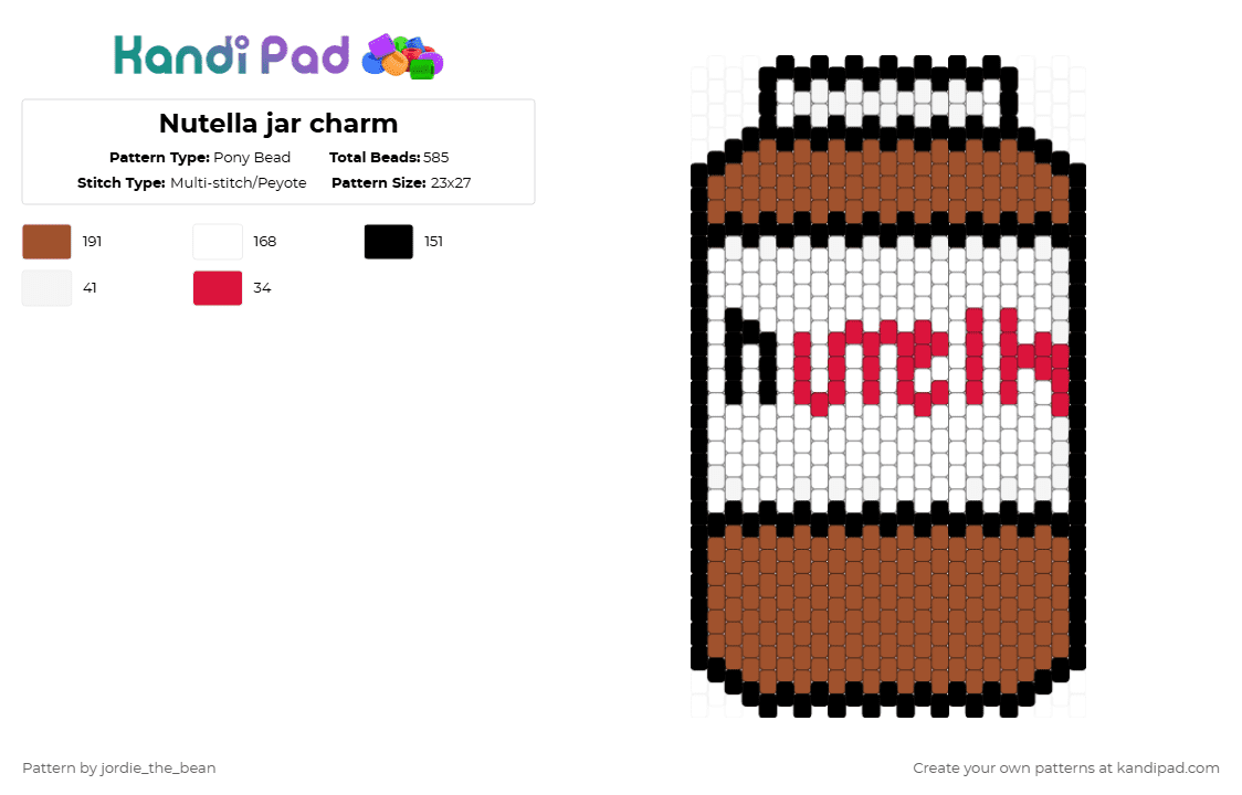 Nutella jar charm - Pony Bead Pattern by deleted_user_925451 on Kandi Pad - white,red,charm,nutella,fun
