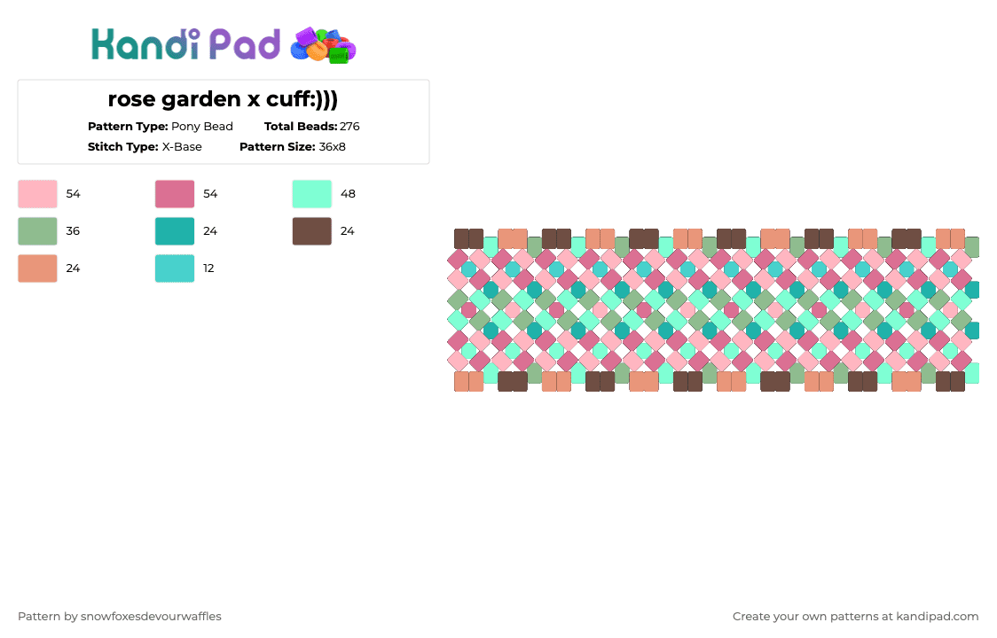 rose garden x cuff:))) - Pony Bead Pattern by snowfoxesdevourwaffles on Kandi Pad - pink,teal