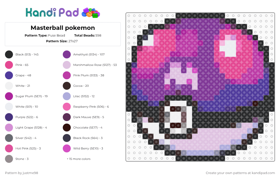 Masterball pokemon - Fuse Bead Pattern by justme98 on Kandi Pad - pink,pokemon,masterball,meisterball
