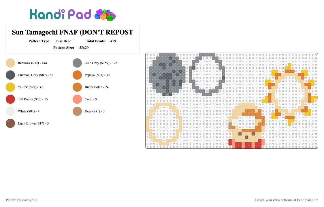 Sun Tamagochi FNAF (DON\'T REPOST) - Fuse Bead Pattern by st4rlightlol on Kandi Pad - gray,beige,orange,fnaf,security breach,sun,tamagotchi
