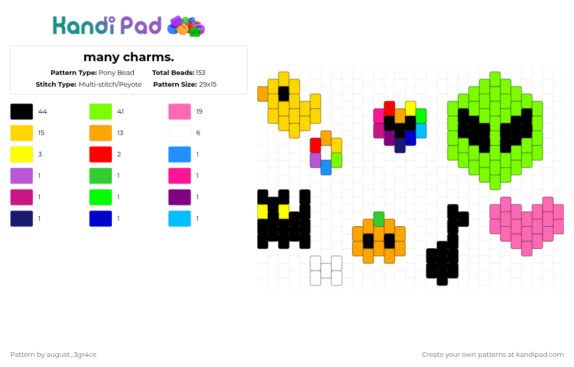 many charms. - Pony Bead Pattern by august_3gr4ce on Kandi Pad - yellow,green,pink,charm,alien,cat,kitty,flower,rainbow,heart