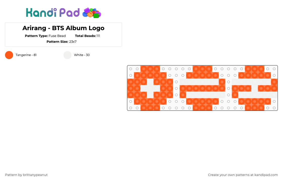 Arirang - BTS Album Logo - Fuse Bead Pattern by brittanypeanut on Kandi Pad - orange,white,bts,bangtan,logo,music,album,cover,jungkook,tour
