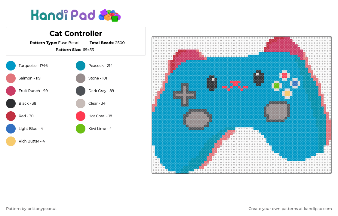 Cat Controller - Fuse Bead Pattern by brittanypeanut on Kandi Pad - light blue,cat,controller,games,gaming,kitty,cute