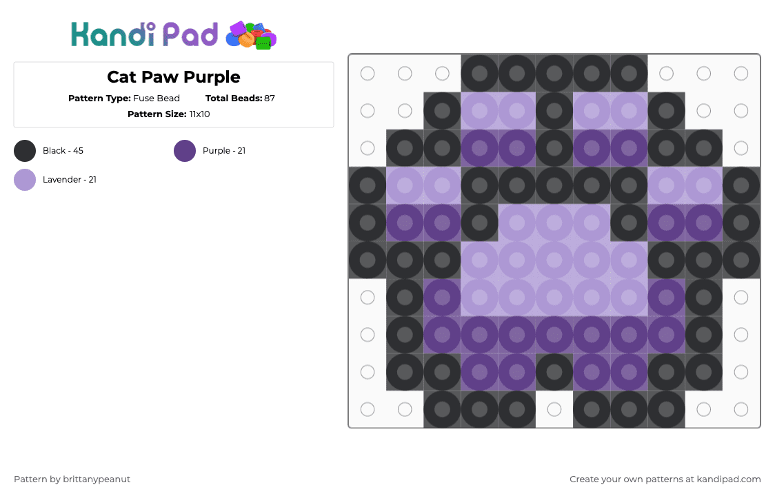 Cat Paw Purple - Fuse Bead Pattern by brittanypeanut on Kandi Pad - purple,pink,cat,paw,kitty,animal,meow